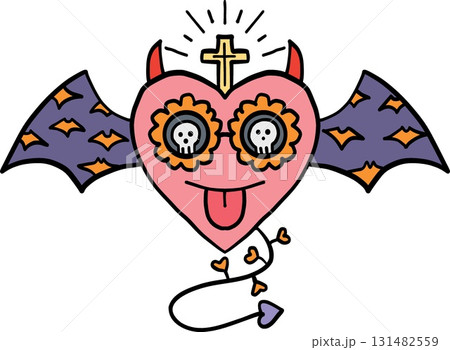 halloween festival. Heart with devil horns and bat wings, featuring skulls and a cross. retro trendy groovy halloween illustration in doodle pastel color line style halloween festival. Heart with devil horns and bat wings, featuring skulls and a cross. retro trendy groovy halloween illustration in doodle pastel color line style 131482559