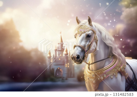 幻想的な西洋の馬車と馬とお城 幻想的な西洋の馬車と馬とお城 131482583