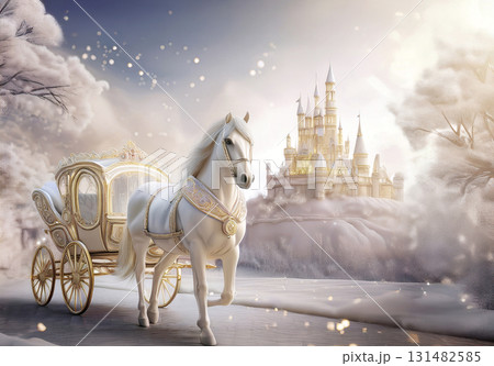 幻想的な西洋の馬車と馬とお城 幻想的な西洋の馬車と馬とお城 131482585
