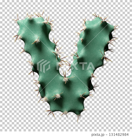Creative Cactus-Inspired Letter V Design with Green Texture and Spikes 131482984