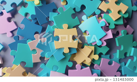 Colorful puzzle pieces scattered in abstract 3D background Colorful puzzle pieces scattered in abstract 3D background 131483000