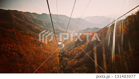 Aerial View of Cable Cars Over Autumnal Mountain Range Aerial View of Cable Cars Over Autumnal Mountain Range 131483077