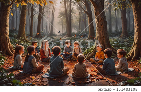 Group of children are sitting in a field, watching butterflies. Scene is peaceful and serene, as the children are enjoying the beauty of nature 131483108