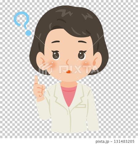 一位身穿白大褂、滿臉疑惑的女士的上半身插圖 131483205