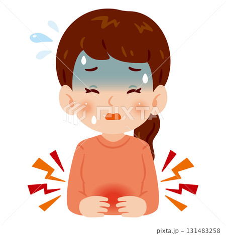 腹痛で苦しむ女性　上半身イラスト 131483258