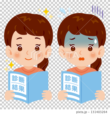 Woman looking at medical examination results Upper body illustration set 131483264