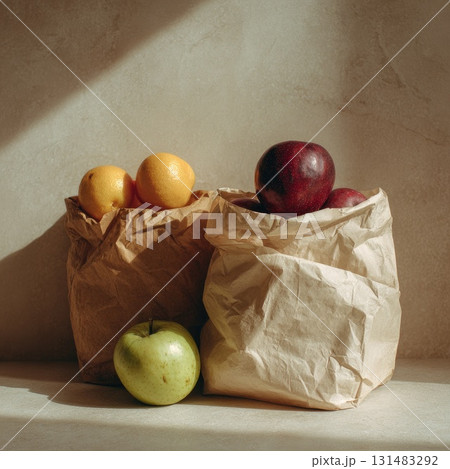 Fresh fruits in paper bags with sunlight casting shadows on textured surface 131483292