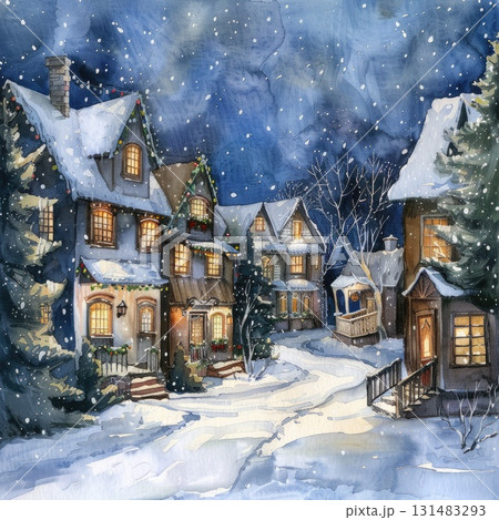 Winter village scene with snow-covered houses and twinkling lights in a serene night atmosphere 131483293