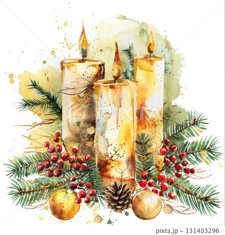 Three decorative candles surrounded by pine branches and festive ornaments in a watercolor illustration Three decorative candles surrounded by pine branches and festive ornaments in a watercolor illustration 131483296