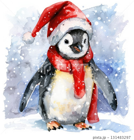 Adorable penguin wearing a red hat and scarf in a snowy winter landscape illustration 131483297