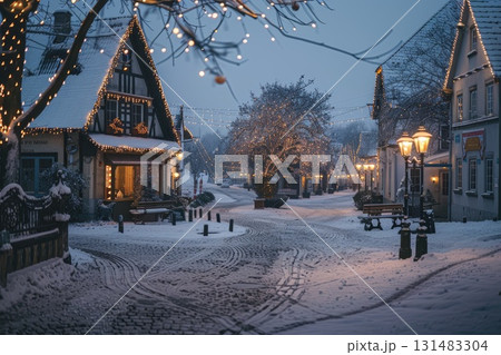 Snowy winter village street with charming houses and festive lights creating a cozy atmosphere 131483304