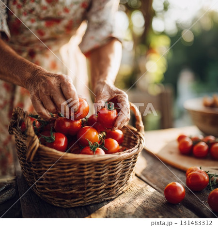 Woman harvesting fresh tomatoes from a wicker basket in a rustic kitchen setting with natural light 131483312