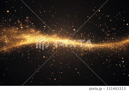 Golden sparkling dust particles swirling in a cosmic wave against a dark background Golden sparkling dust particles swirling in a cosmic wave against a dark background 131483313