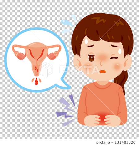 Upper body illustration of a woman suffering from menstrual pain 131483320