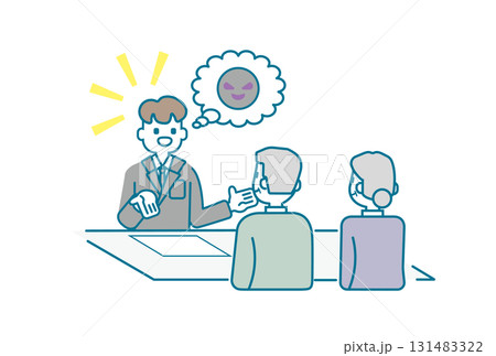 悪徳な詐欺営業マンの話を聞くシニア夫婦 131483322