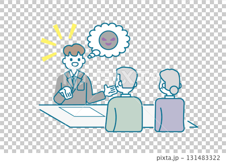 悪徳な詐欺営業マンの話を聞くシニア夫婦 131483322