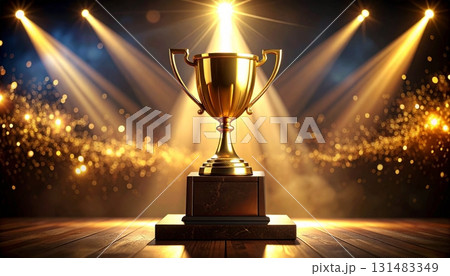 Winning trophy presentation during an award ceremony with bright stage lights and a celebratory atmosphere Winning trophy presentation during an award ceremony with bright stage lights and a celebratory atmosphere 131483349