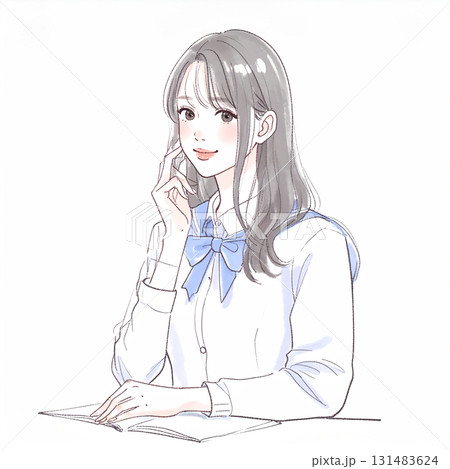 水彩画・手描き風の勉強をする制服を着た女子学生、女性・女の子の