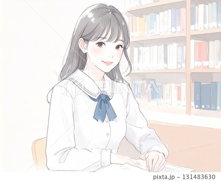 水彩画・手描き風の勉強をする制服を着た女子学生、女性・女の子のイラスト素材 131483630