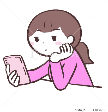 頬杖ついてスマホを眺める女性のイラスト 131483635