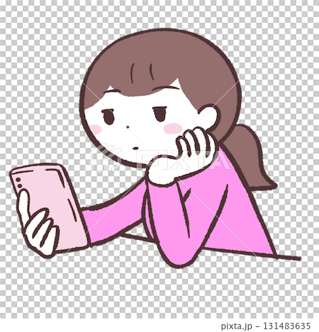 頬杖ついてスマホを眺める女性のイラスト 131483635