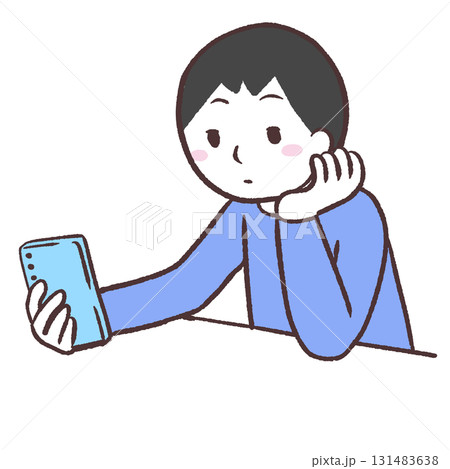 頬杖ついてスマホを眺める男性のイラスト 頬杖ついてスマホを眺める男性のイラスト 131483638