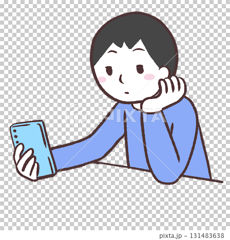 頬杖ついてスマホを眺める男性のイラスト 頬杖ついてスマホを眺める男性のイラスト 131483638