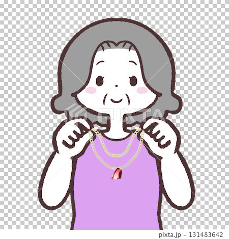 Illustration of a senior woman matching a necklace 131483642