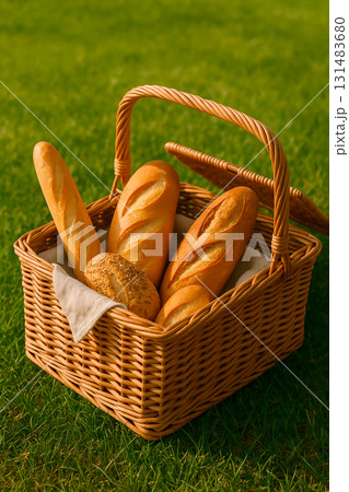 ピクニックバスケットとフランスパン 131483680