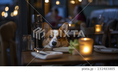 テーブルに乗った犬コーギー2 テーブルに乗った犬コーギー2 131483805