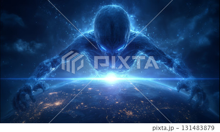 Alien blue glowing humanoid cosmic creature Earth night dramatic energy Alien blue glowing humanoid cosmic creature with intense energy looms Alien blue glowing humanoid cosmic creature Earth night dramatic energy Alien blue glowing humanoid cosmic creature with intense energy looms 131483879