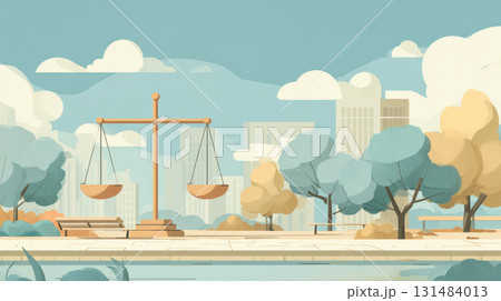 Scales park city autumn trees justice balance law peaceful outdoor scene. tranquil city park with justice scales autumn trees and soft sunlight 131484013