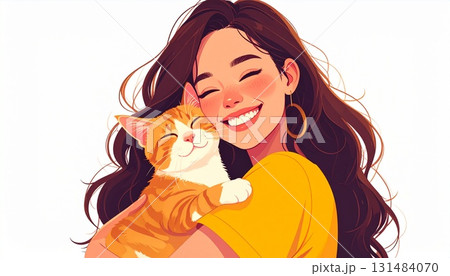 笑顔で猫と寄り添う女性 131484070