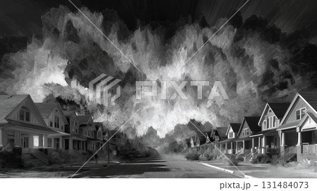 モノクロの住宅街に迫る嵐の雲 モノクロの住宅街に迫る嵐の雲 131484073