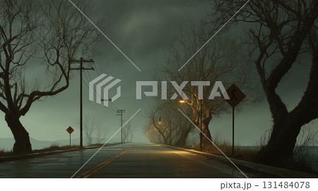 雨上がりの並木道と灯る街灯 131484078