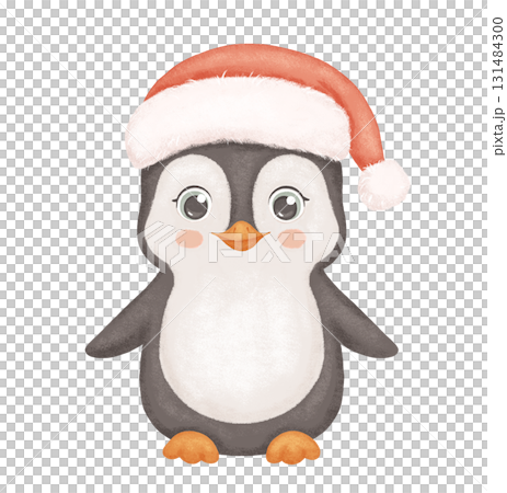Penguin in red Santa hat. Cute animal isolated on white background. Childish watercolor winter illustration. 131484300