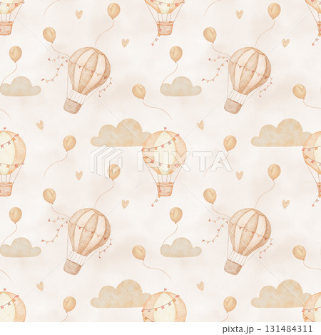 Seamless watercolor pattern with hot air balloon and in clouds, hand drawn repeating background on beige color 131484311