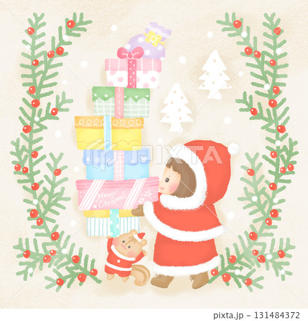 クリスマス_クリスマスプレゼントを持つ女の子とリス 131484372