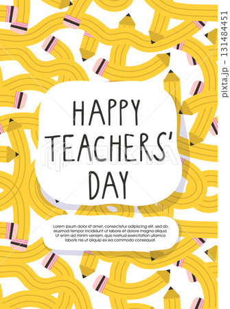 Happy teachers day template vector poster background with yellow pencils. Perfect for creating educational materials Happy teachers day template vector poster background with yellow pencils. Perfect for creating educational materials 131484451