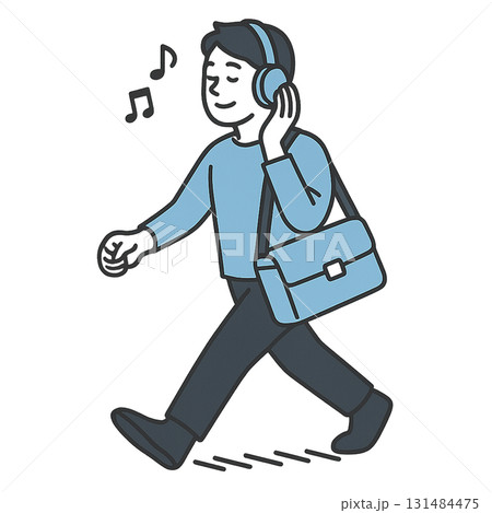 音楽を聴きながら歩く男性 131484475