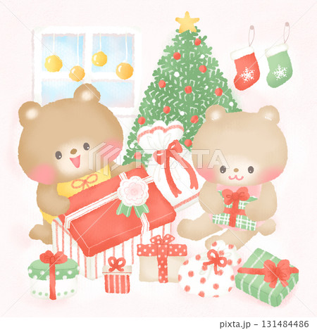 クリスマス_クリスマスの朝 プレゼントに喜ぶ くま クリスマス_クリスマスの朝 プレゼントに喜ぶ くま 131484486