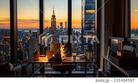 高層ビルから見える夕暮れの街並みコーギー 131484597