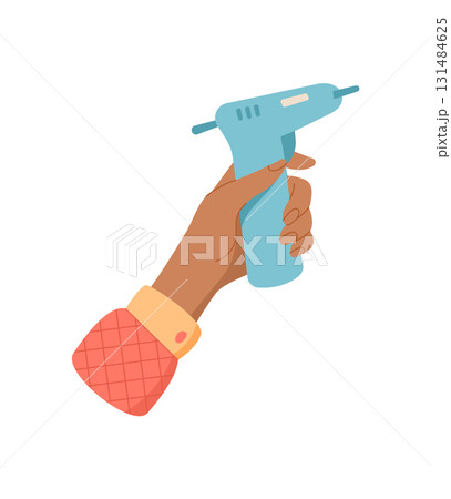 Hand holding hot glue craft gun for DIY activity, showcasing supplies for creative projects. Concept of hobby and workshop, flat style image, suitable craft themes educational content. 131484625