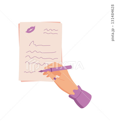 Cute girl hold pen and write romantic letter on paper with doodle accents. Heart message concept and love correspondence, flat style illustration ideal for greeting card designs. Cute girl hold pen and write romantic letter on paper with doodle accents. Heart message concept and love correspondence, flat style illustration ideal for greeting card designs. 131484628