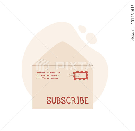 Flat envelope with letter and stamp for mail delivery. Creative card design features handwritten message and postal icon. Concept of correspondence, communication, love. 131484652