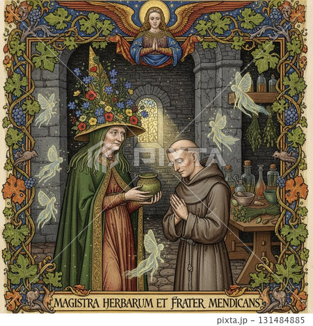 薬を修道士に渡す魔女 131484885