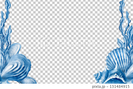 Marine seashells template:twisted spiky seashell,oyster,mussel,ribbed cemicircular seashell,stylized laminaria blue monochrome colors.Hand-drawn watecolor illustration isolated on white 131484915