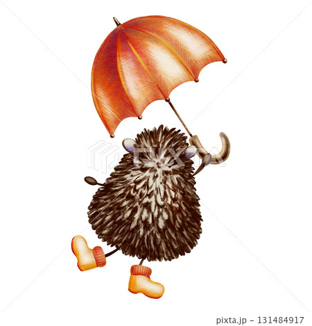 Adorable hedgehog in orange rubber boots stands on one leg with its back turned with umbrella .Hand-drawn illustration in watercolor and colored pencils in a childlike cartoon style Adorable hedgehog in orange rubber boots stands on one leg with its back turned with umbrella .Hand-drawn illustration in watercolor and colored pencils in a childlike cartoon style 131484917