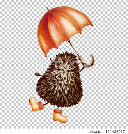 Adorable hedgehog in orange rubber boots stands on one leg with its back turned with umbrella .Hand-drawn illustration in watercolor and colored pencils in a childlike cartoon style Adorable hedgehog in orange rubber boots stands on one leg with its back turned with umbrella .Hand-drawn illustration in watercolor and colored pencils in a childlike cartoon style 131484917