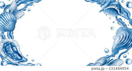 Marine seashells in horizontal oval frame:twisted spiky seashell,oyster,mussel,ribbed cemicircular seashell,laminaria,air bubbles in blue monochrome colors.Minimalism graphic in watecolor illustration Marine seashells in horizontal oval frame:twisted spiky seashell,oyster,mussel,ribbed cemicircular seashell,laminaria,air bubbles in blue monochrome colors.Minimalism graphic in watecolor illustration 131484954